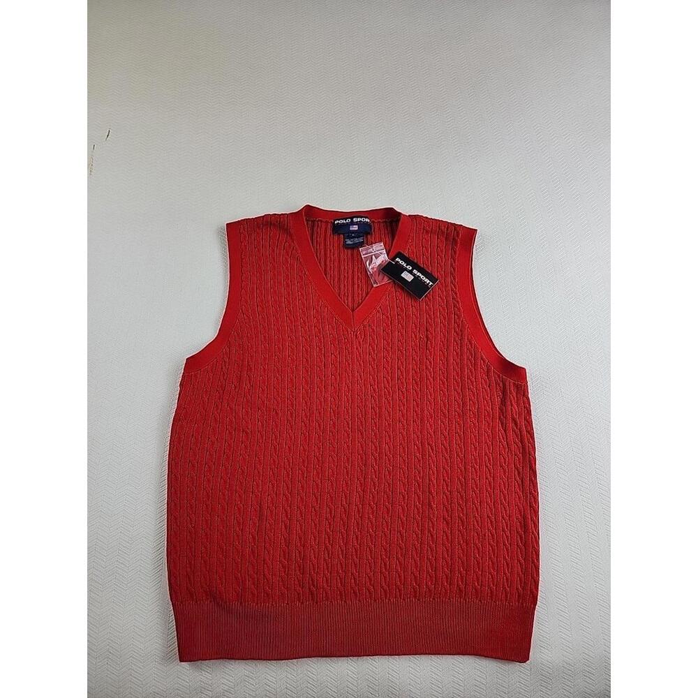 Polo By Ralph Lauren Large Red Cable Knit Vest/with red logo 100% Cotton VTG